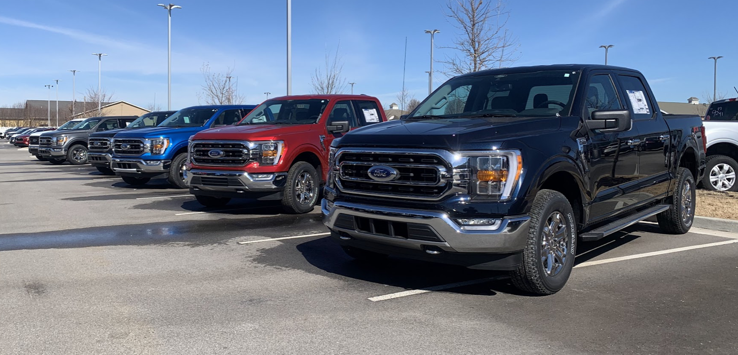 a line of Ford F-150s in the dealership lot